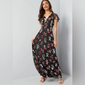 MODCLOTH  X ANNA SUI  MAXI DRESS  CUP SLEEVE BLACK RED MULTI  SIZE 0